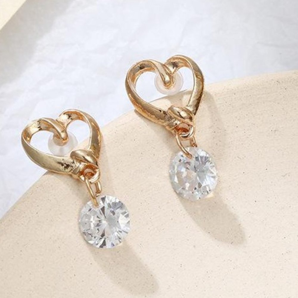 NEW Gold Heart Stud with Dangling Crystal Earrings Women GORGEOUS DAINTY Sweet - Picture 3 of 5